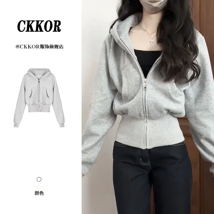 CKKOR春秋新款休闲时尚连帽短款外套女正肩修身显瘦开衫卫衣外套 