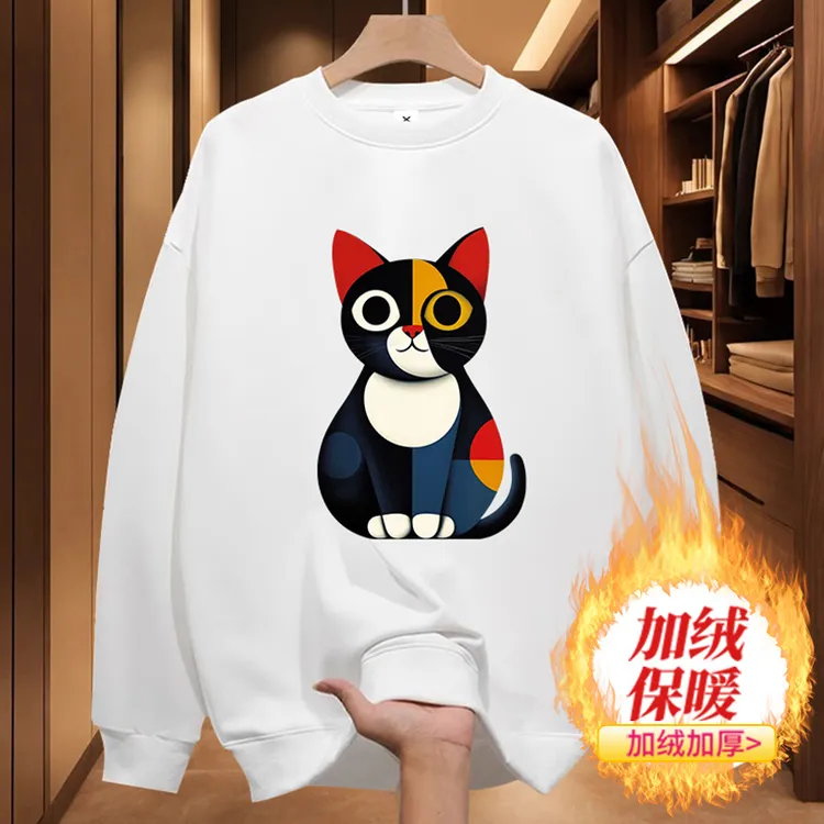 圆领卫衣复古几何猫秋冬喜居麦潮牌百搭宽松外套加绒潮流休闲百搭