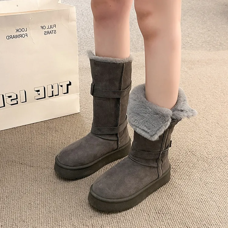 灰色毛毛雪地靴女2025冬季新款厚底增高加绒加厚长筒保暖雪地棉鞋