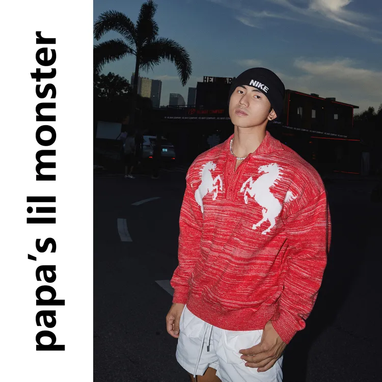 PAPASLILMONSTER【白驹针织】美式复古马匹图案针织衫宽松毛衣男