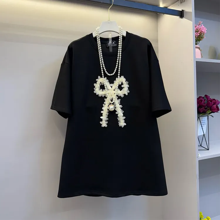 大码女装胖MM重工串珠简约洋气2025新款蝴蝶结显瘦百搭半袖小衫