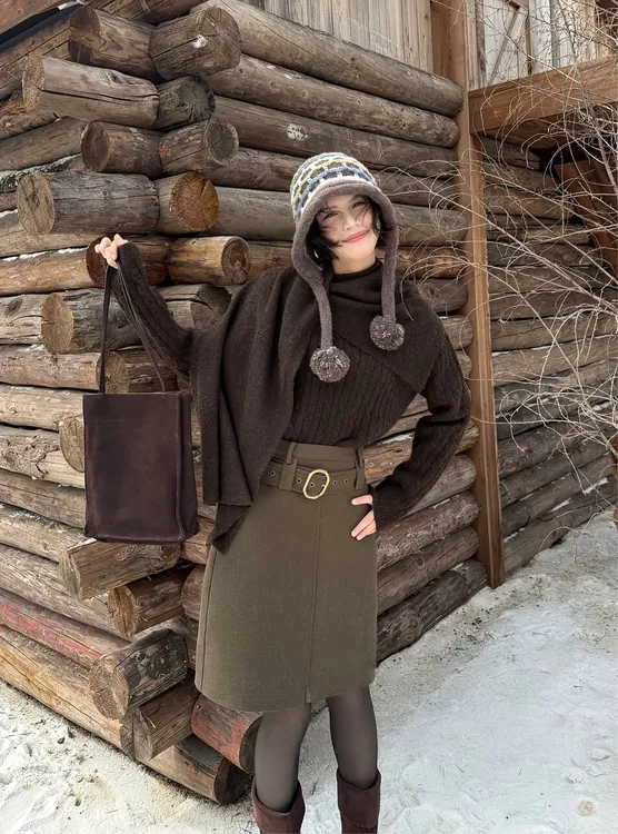 新款旅游风高级感百搭套装女装冬季披肩毛衣两件套半身裙一整套