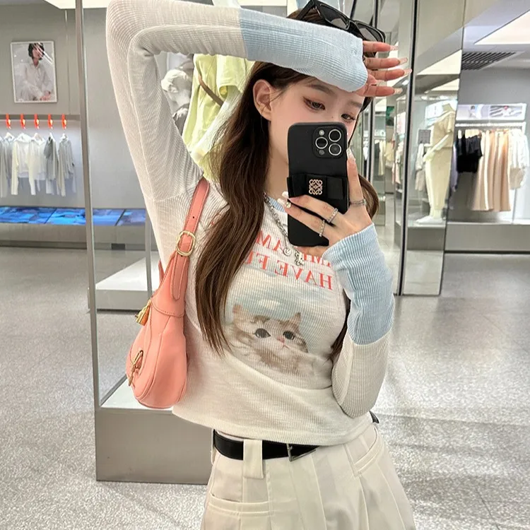 打底衫长袖辣妹短款修身印花显瘦内搭白色时尚百搭秋季设计感小众