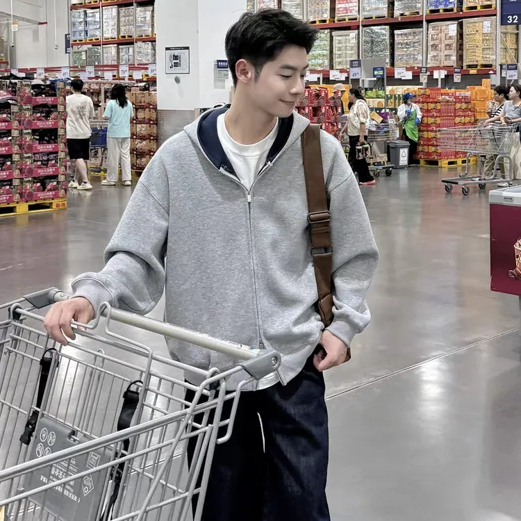 韩版时尚撞色开衫男生重磅连帽卫衣外套秋冬宽松休闲双拉链上衣潮