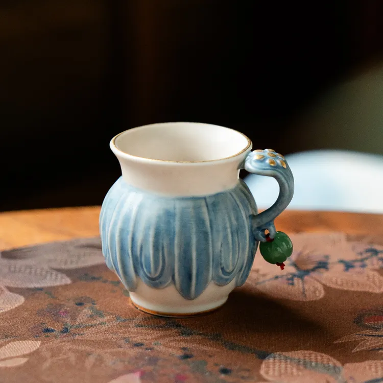 赞朴糯米釉天蓝如意把杯泡茶杯高档家用水杯功夫茶具喝茶主人杯子