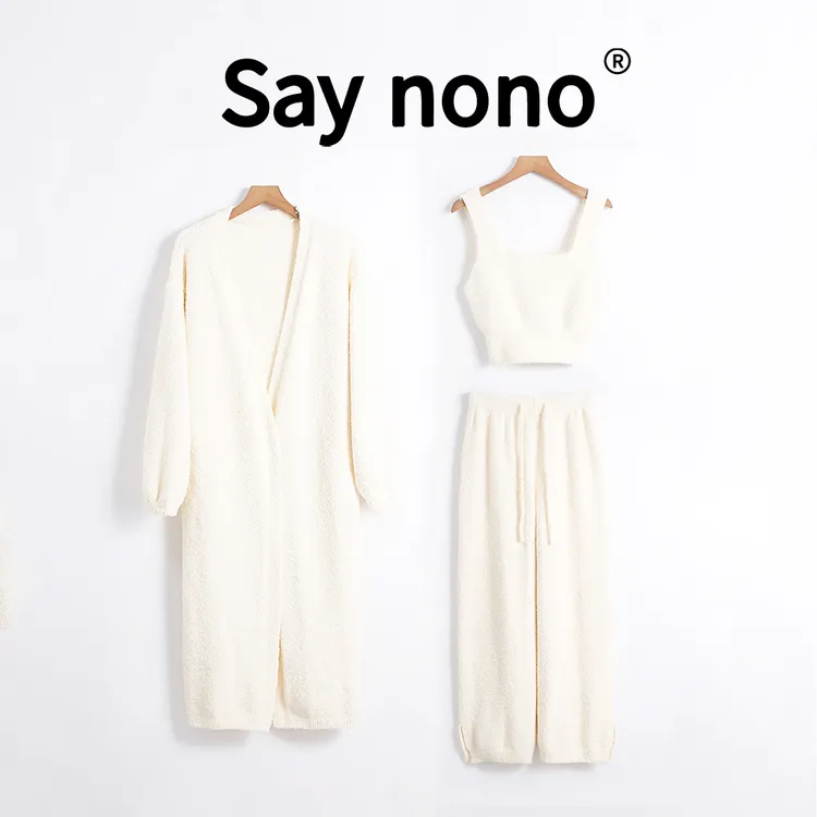 Say nono【懒猫nono】白色三件套半边绒家居服套装秋冬女士保暖宽松