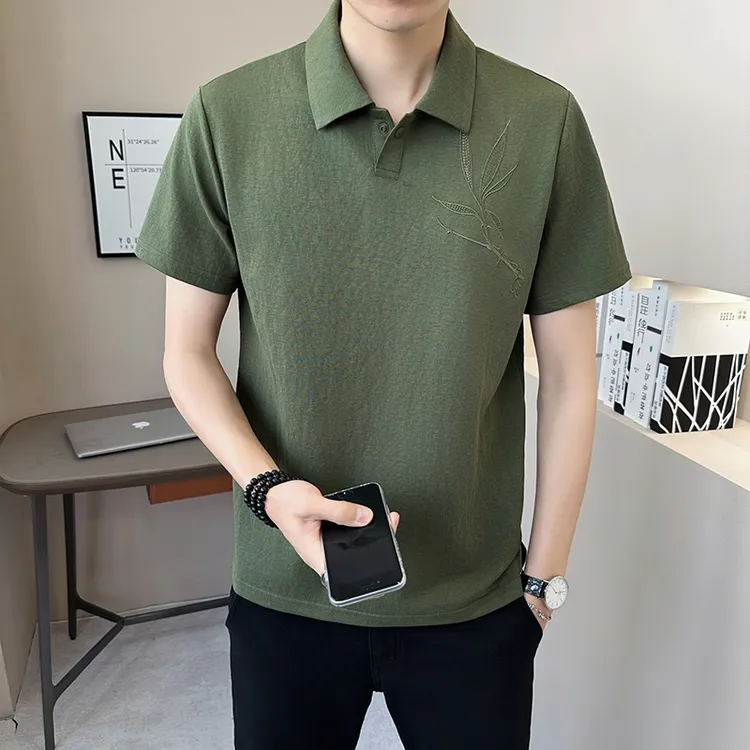 夏季棉麻刺绣翻领短袖T恤男士亚麻冰丝薄款半袖POLO衫2025爆款潮