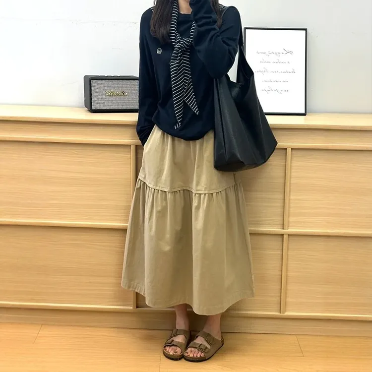 卡其色半身裙女裙2025年秋季新款胖mm大码显瘦伯克利a字压褶伞裙