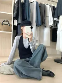 XIANJIE长袖修身型女INS风拼接毛针织衫韩版百搭时尚宽松