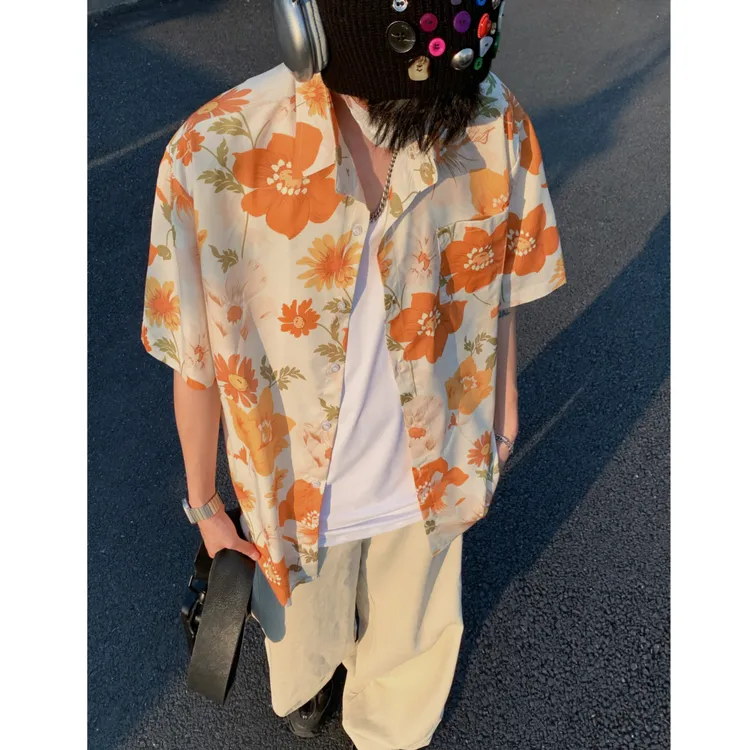 美式日系复古花衬衫男款夏威夷沙滩度假短袖情侣薄款休闲衬衣夏季
