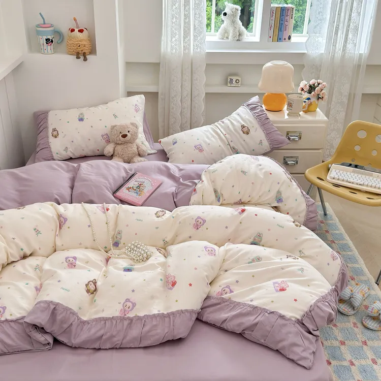 新款花苞款全棉双层纱四件套小清新可爱印花labubu卡通被套三件套