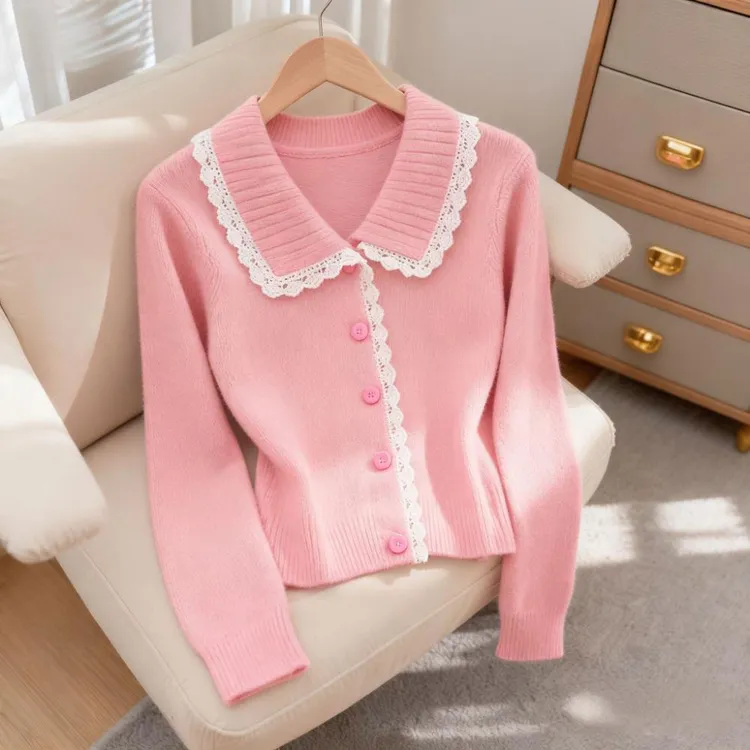 2025秋季新款流行时尚女装韩系超好看显瘦蕾丝毛衣粉色针织衫爆款