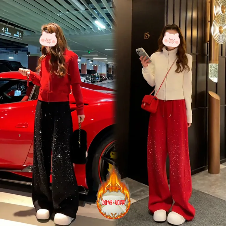 冬季新款法式显瘦拉链立领加绒短外套松紧腰抽绳烫钻休闲裤两件套