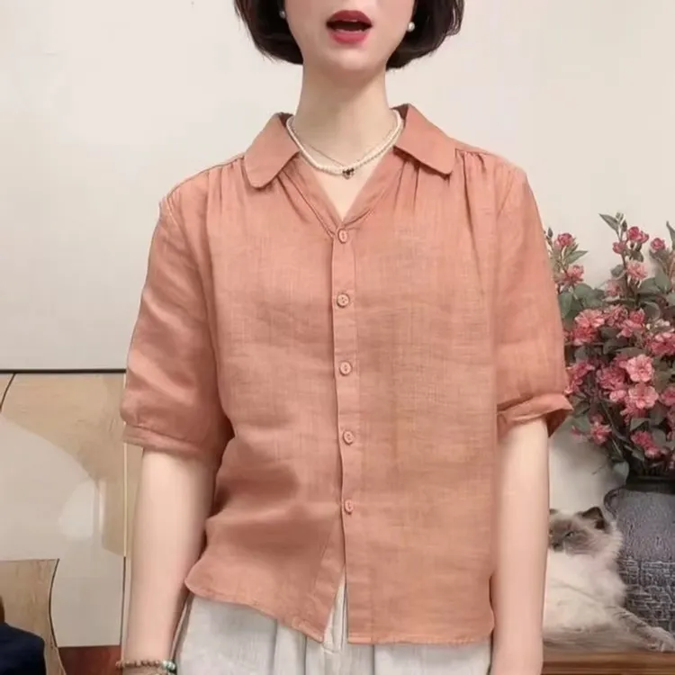 （运费险）2025夏款纯色翻领苎 麻衬衫女时尚气质，休闲百搭宽松显