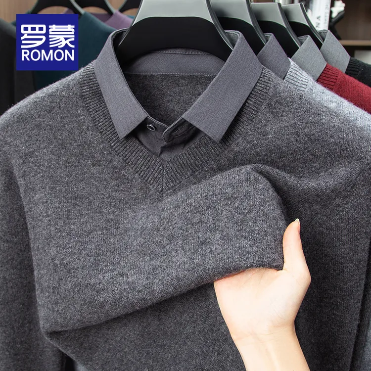 【100%绵羊毛】罗蒙打底羊毛衫假两件针织毛衣男款冬季爆款2025新款