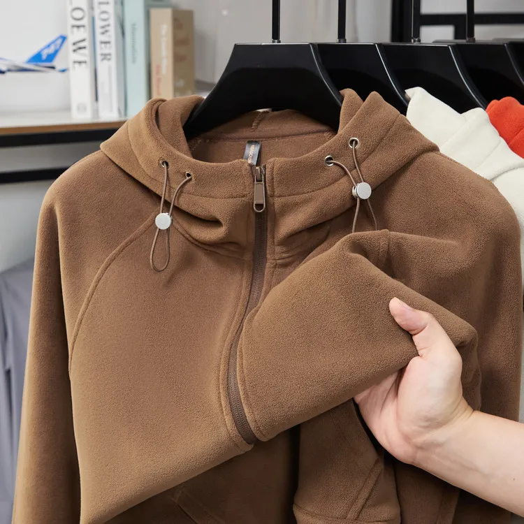 卫衣加绒免烫保暖休闲连帽拉链男上衣秋冬磨毛羊羔绒加厚