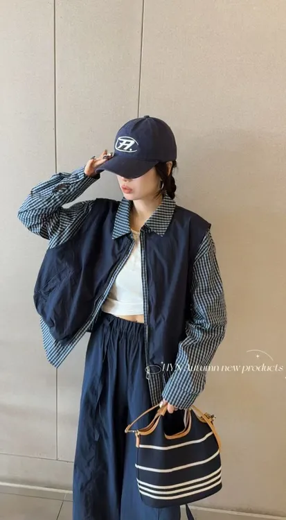 6053高级感假两件格子长袖衬衫女宽松马甲拼接衬衣外套秋季