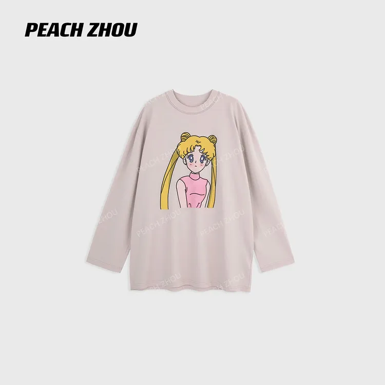 『PEACHZHOU』美少女卡通印花宽松圆领长袖美式休闲趣味减龄廓型T恤