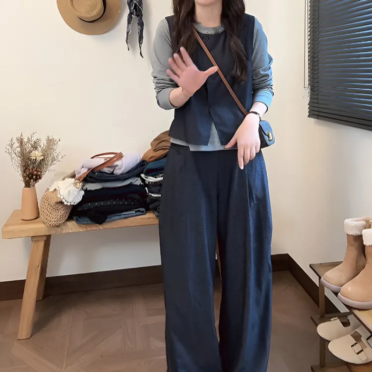 巨好看春秋穿搭套装韩系松弛感高级气质马甲打底T恤阔腿裤三件套