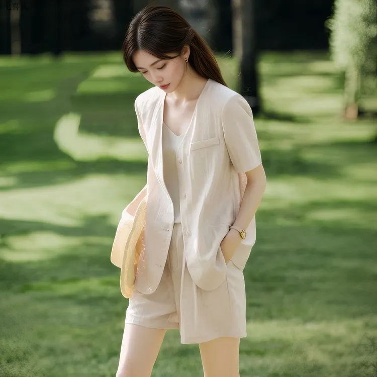 韩版宽松短袖西装外套套装女2025夏新款休闲阔腿短裤两件套