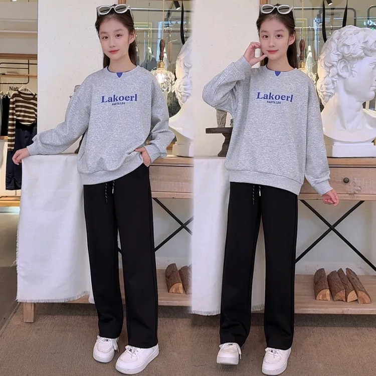 女童套装秋冬韩版圆领套头卫衣新款大童初中学生休闲直筒裤两件套