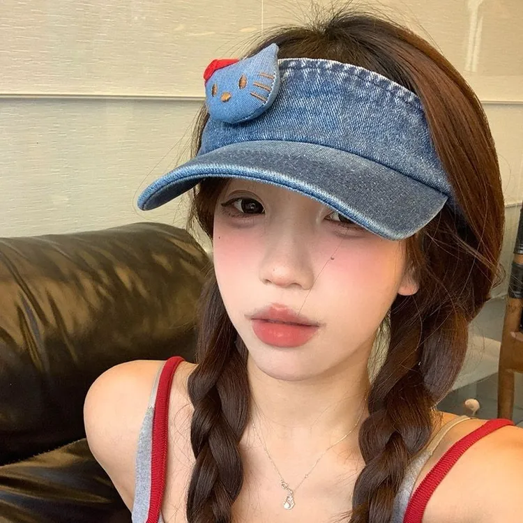 可爱卡通猫咪蓝色牛仔空顶帽女夏季无顶透气防晒帽显脸小遮阳帽子