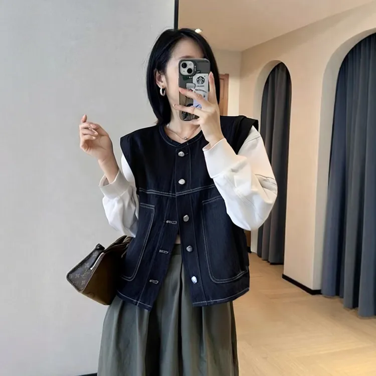 复古设计感牛仔马甲女春夏新款圆领无袖外套洋气叠穿坎肩马夹背心