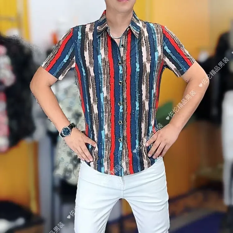 夏季新款时尚男士冰丝潮流翻领修身彩条轻奢免烫衬衫567