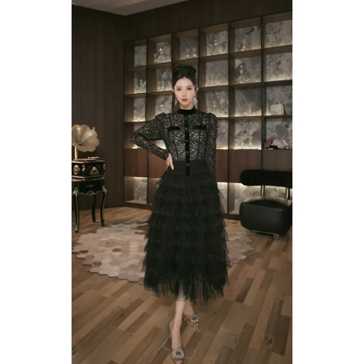 六爻定制 大摆裙设计师秋冬款收腰显瘦黑色法式蛋糕连衣裙 45350