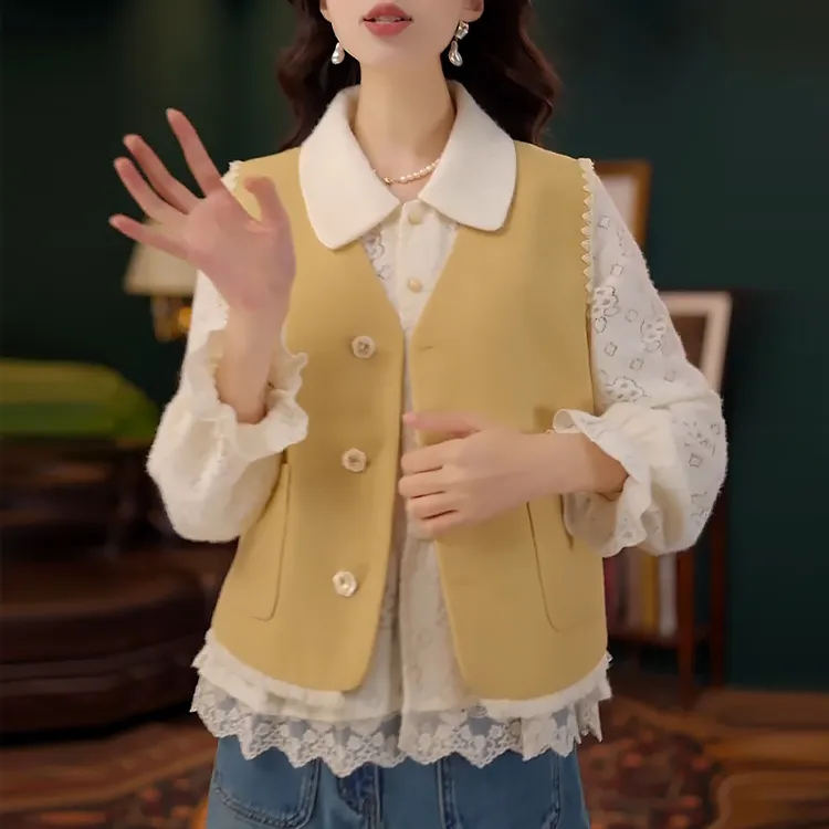 欧若风长袖衬衫女时尚休闲宽松上衣女显瘦叠穿纯色无袖马甲两件套
