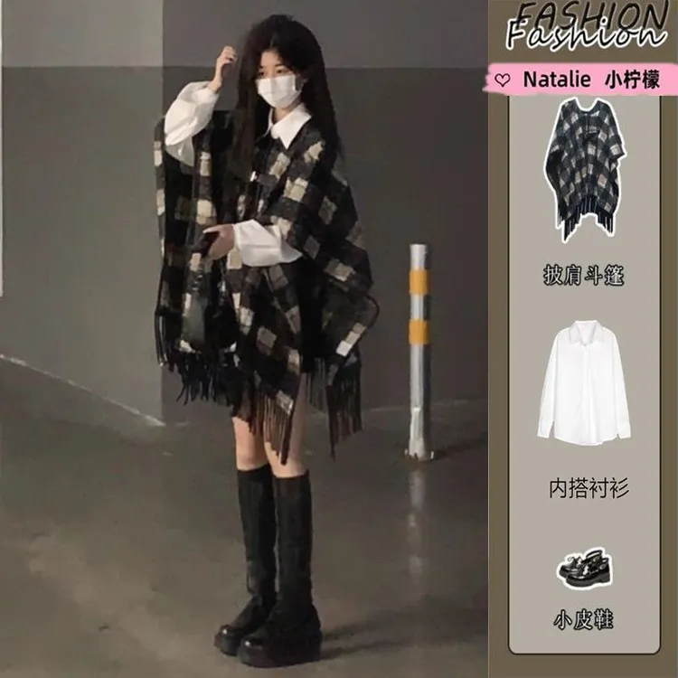 套装女秋冬美拉德复古格纹斗篷披肩外套上衣女显瘦长袖衬衫套装女