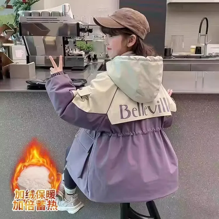 女童棉衣派克服儿童冬装保暖拼色加绒外套中大童2025新款冬季棉袄