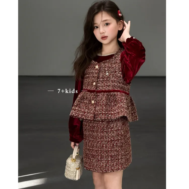 【年货！早春】女童春季韩版小香风丝绒打底衫洋气背心半身裙3件套