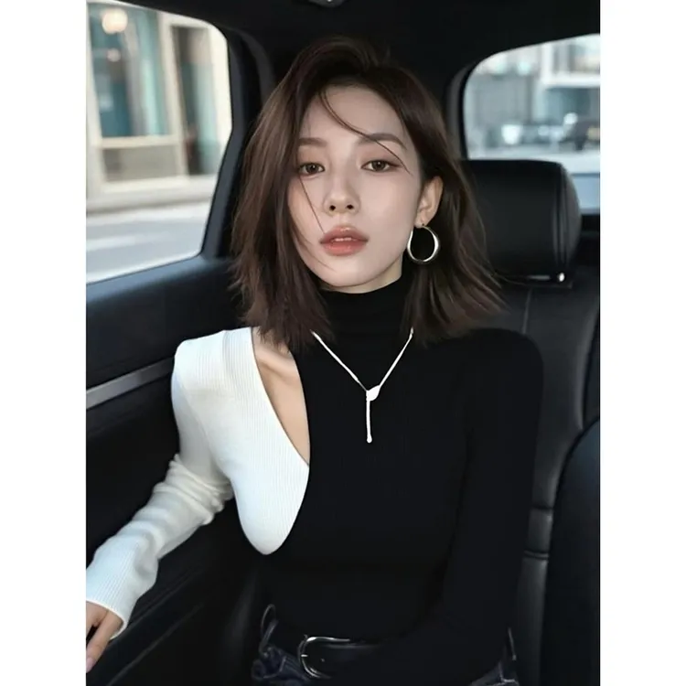 秋季高级感超好看软糯慵懒风独特小香风黑白拼接高领针织打底衫女