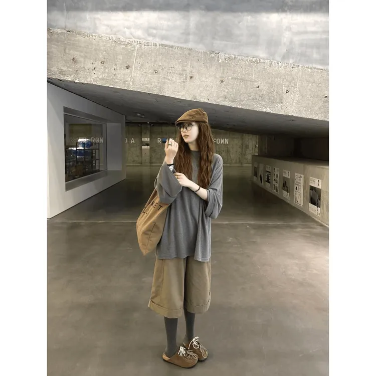 老钱风松弛感女装慵懒风圆领防晒长袖上衣卡其色宽松直筒七分裤