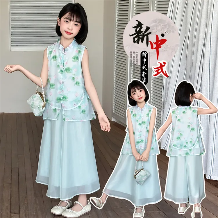 中大童夏季雪纺国风套装时髦洋气新中式两件套潮流时尚女童服装
