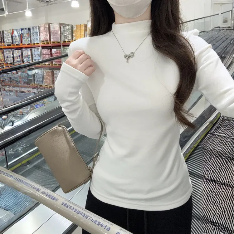 磨毛加厚半高领打底衫女秋冬季修身白色内搭叠穿t恤长袖正肩上衣