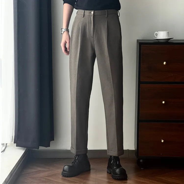 裤子男款秋冬款垂感毛呢裤男修身休闲西裤九分裤锥型高级感西装裤