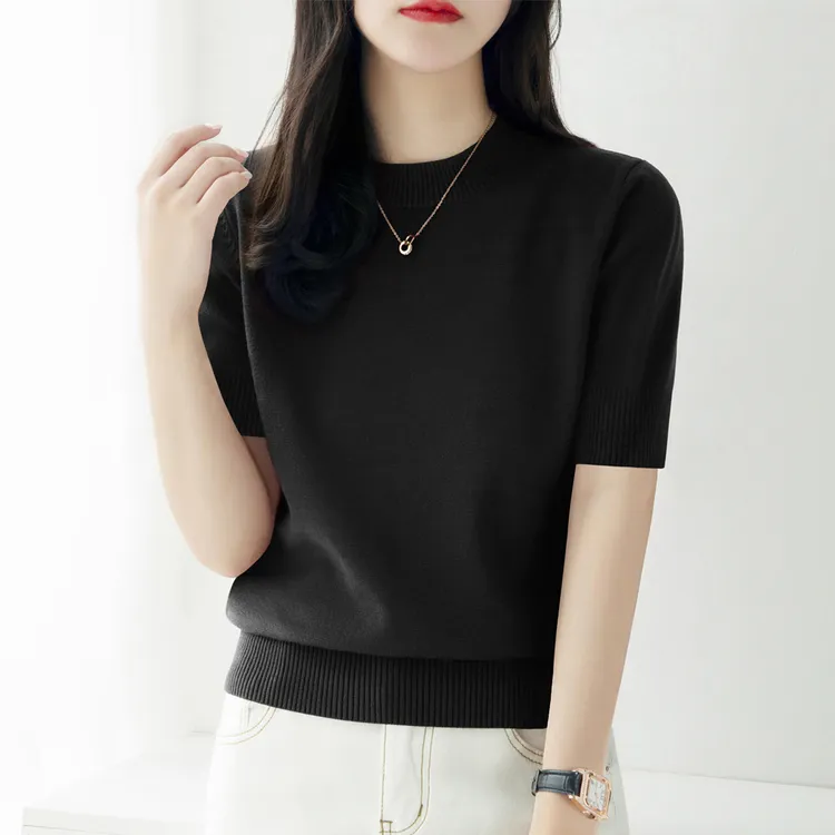 秋季新款气质五分袖显瘦内搭打底上衣圆领宽松时尚针织衫女女士