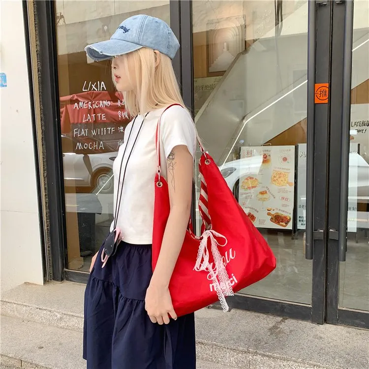 大容量精致红色蕾丝托特包百搭气质女包网红洋气简约包包女包