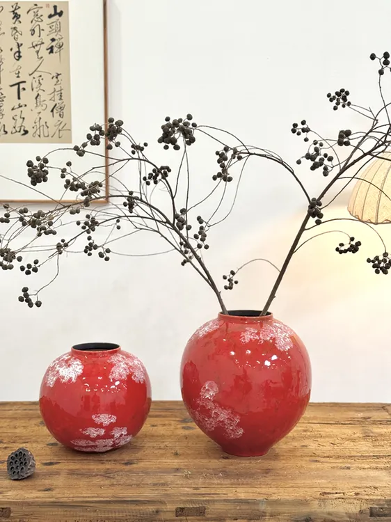 新中式水培干花陶瓷花瓶国潮红色大肚台面装饰摆件