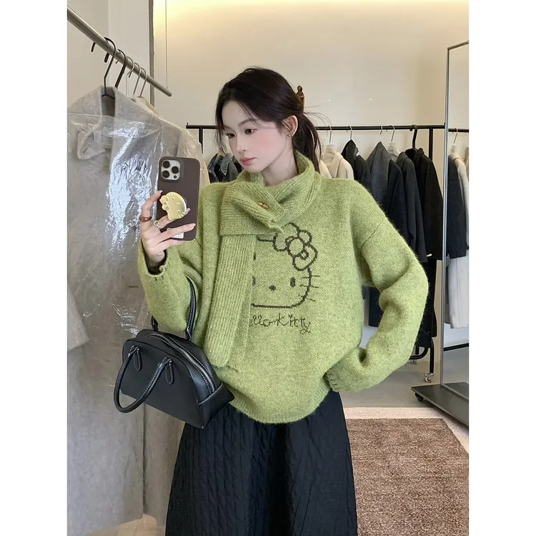 冬季韩系卡通毛衣女套头高级感慵懒针织衫配围脖潮23155#