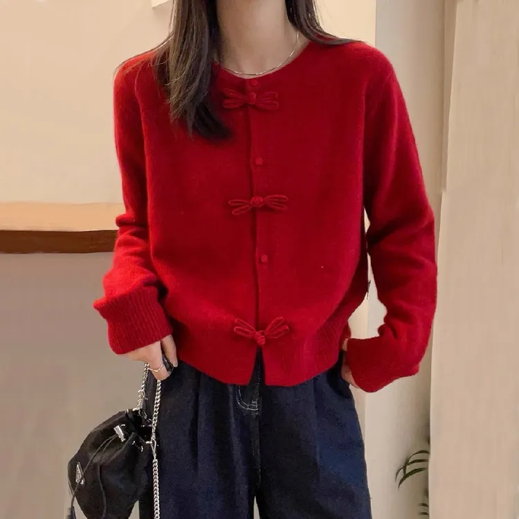 新中式国风春秋女装新款时尚洋气宽松圆领开衫蝴蝶结长袖毛针织衫