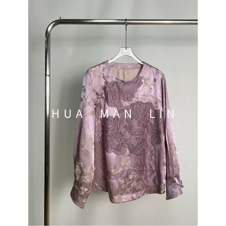 【花滿林】圆领斜门襟盘扣重工钉珠真丝桑蚕丝阔版上衣251083