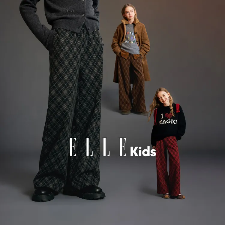 ELLEKIDS童装 经典菱形格纹长裤女童秋冬新款全腰松紧呢料裤子D4