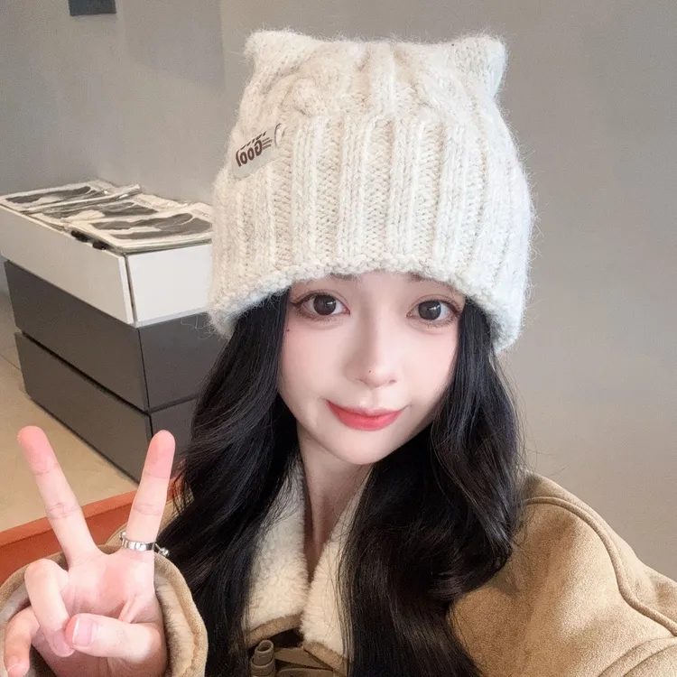 猫耳朵毛线帽子女秋冬季韩版休闲百搭护耳冷帽日系可爱保暖针织帽