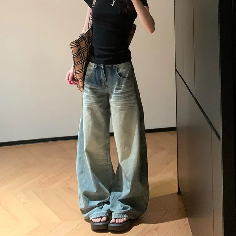 美式复古水洗弯刀牛仔裤女秋季新款高腰宽松直筒阔腿拖地镰刀裤子
