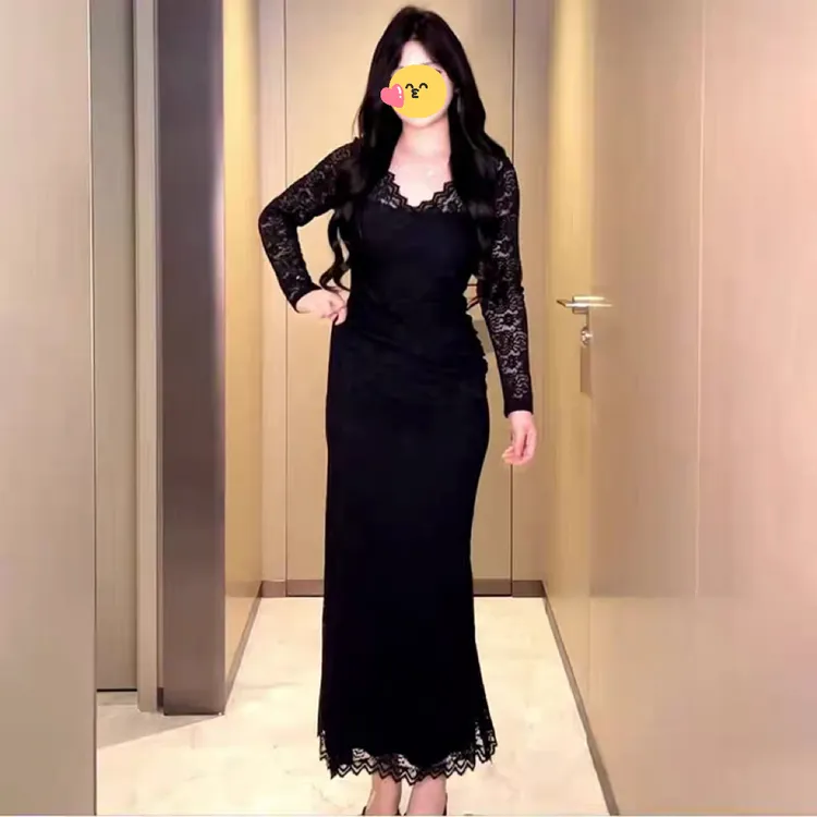 大码法式辣妹蕾丝连衣裙女秋季梨形身材小黑裙胖MM显瘦高级感裙子