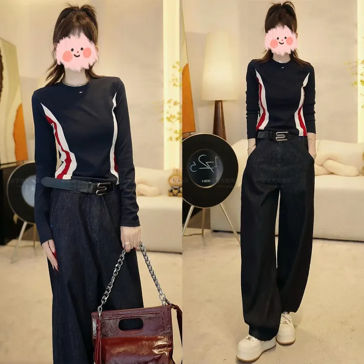 2025早秋新款轻职风修身显瘦拼接长袖上衣宽松舒适休闲牛仔裤套装