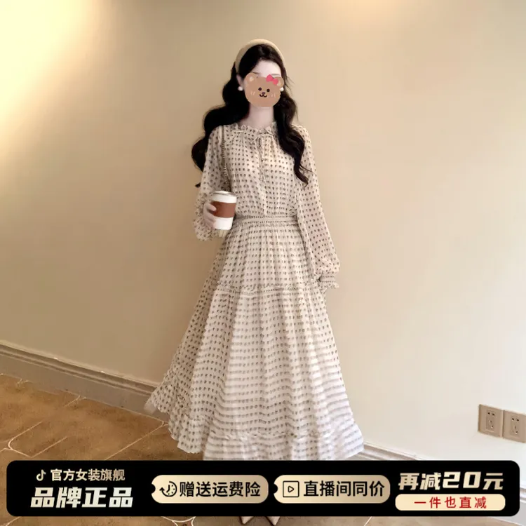 法式高级感长袖白色波点连衣裙子女装早秋季2025新款收腰长裙套装